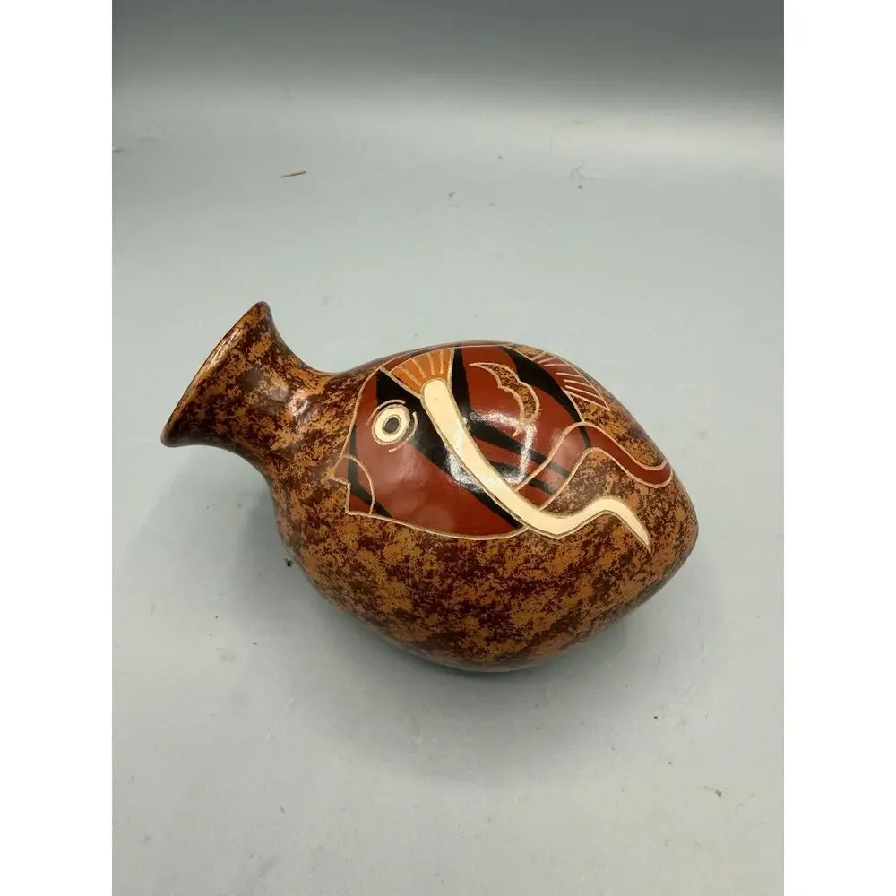 Vintage Nicaraguan Pottery Vase Hand Carved Fish San Juan de Oriente